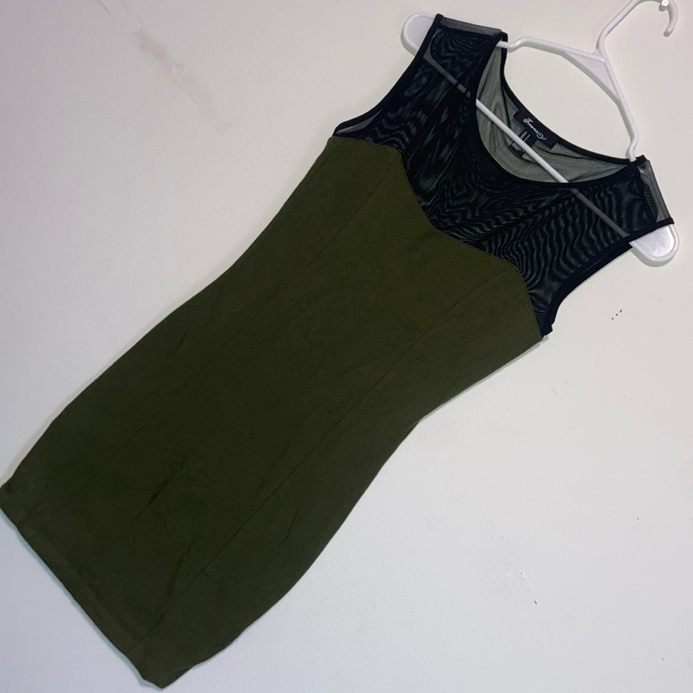 Forever21 Olive Green Bodycon Mini Dress Black Mesh Sweetheart Neck Short Sleeve